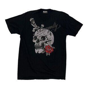 Rawyalty Rhinestone Stud Bling Mens T-Shirt XL X-Large Skull Rose Knife